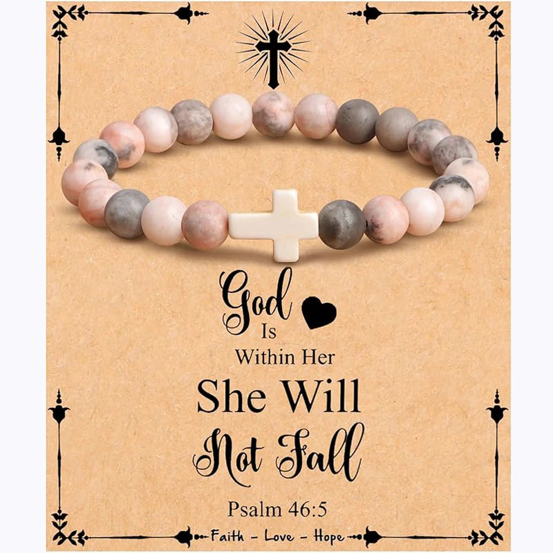 Christian Cross Bracelet for Women – Faithful Religious Easter Gift, Natural Stone Beaded Jewelry