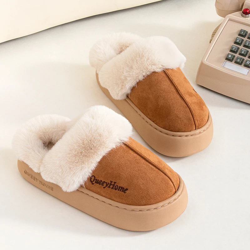 Queeyhome Winter Women Flat-Bottomed Plush Commute Slippers