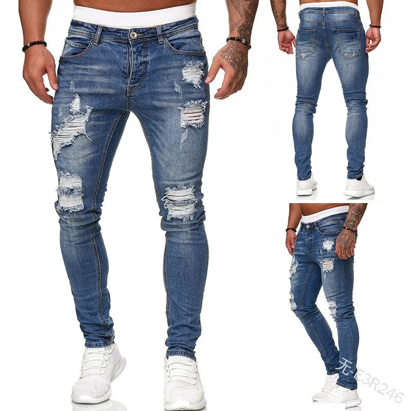 ✨ White Embroidery Skinny Ripped Jeans for Men | Casual Slim Fit Hip Hop Denim Pants 🕶️