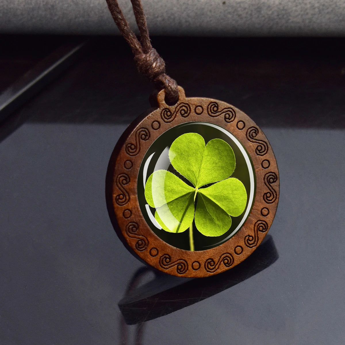 Four Leaf Clover Glass Dome Wooden Pendant Necklace Rope Chain Necklace Retro Jewelry St.Patrick's Day Gift