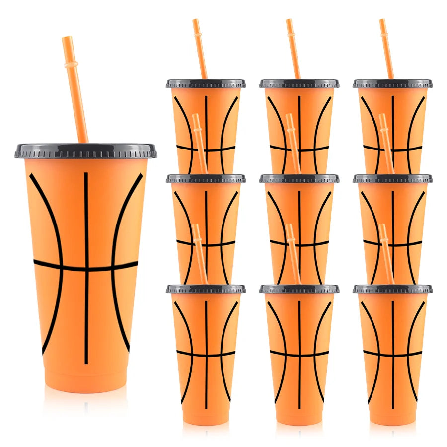 10pcs Plastic Cups with Sports Themes Such as Football, Basketball, Rugby, and Baseball, Loose Sports Party Decoration Cups, Pla