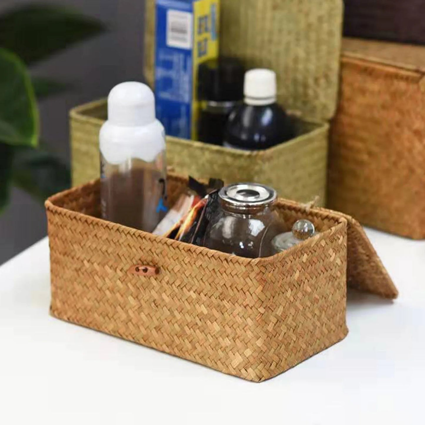 Handmade Wicker Storage Basket with Lid – Rattan Organizer for Laundry, Toys & More