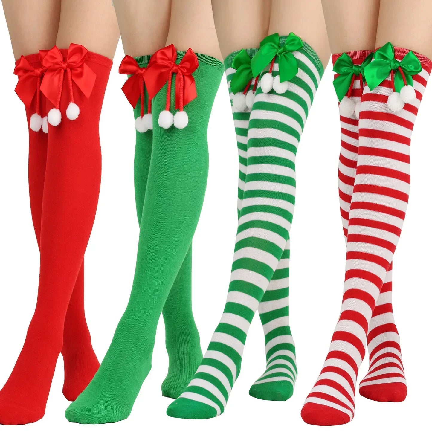 Women Over Knee Socks Christmas Striped Thigh High Stockings | Knee High Socks Cotton Polyester