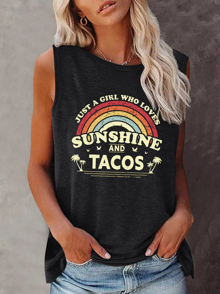 Summer Tee for Women - Sunshine & Tacos Tank Top – Y2K Aesthetic Sleeveless Graphic Tee