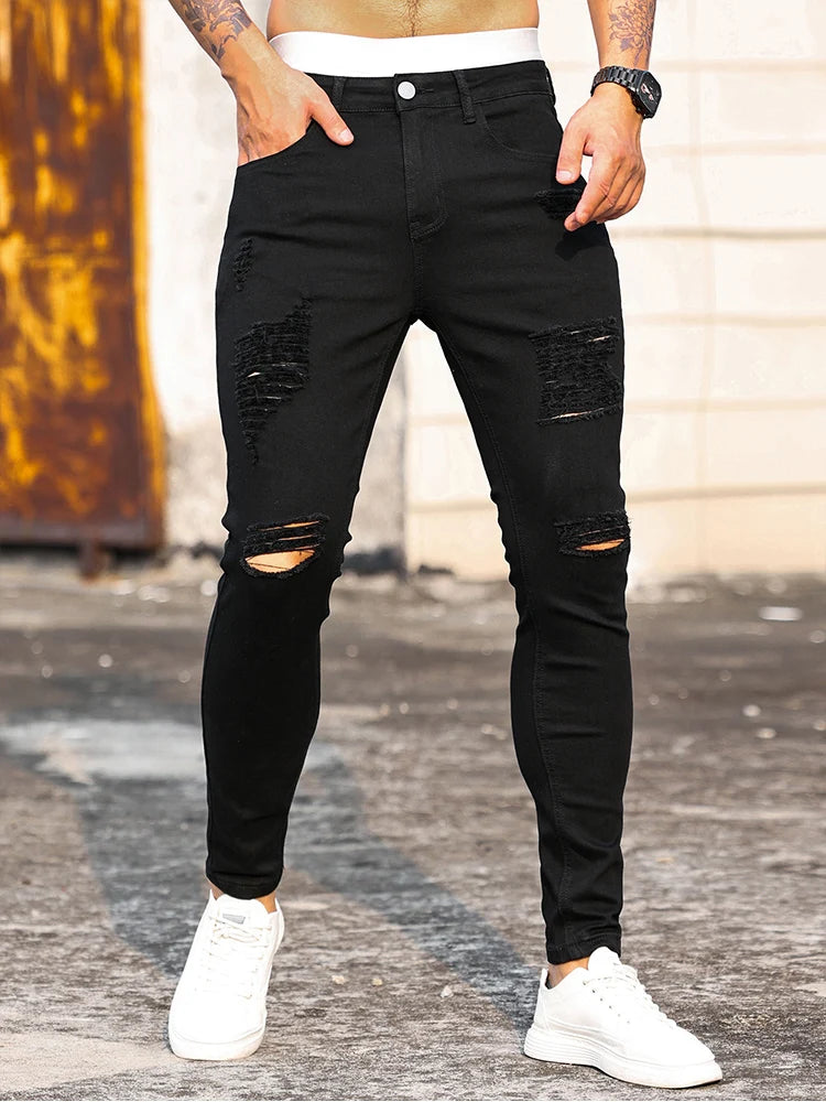 Men's Fashion Street Ripped Jeans 🖤 | Black Slim Fit Pencil Pants | Club & Casual Denim