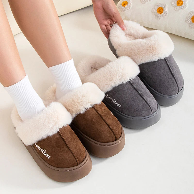 Queeyhome Winter Women Flat-Bottomed Plush Commute Slippers