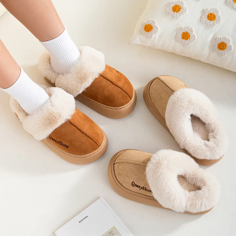 Queeyhome Winter Women Flat-Bottomed Plush Commute Slippers