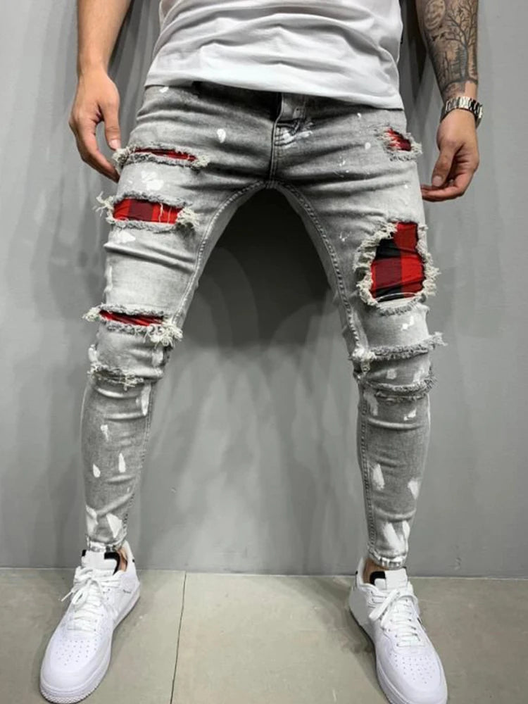 Men's Distressed Ripped Skinny Jeans 👖 | Plaid Patch Streetwear Biker Denim Pants | Y2K Style Joggers