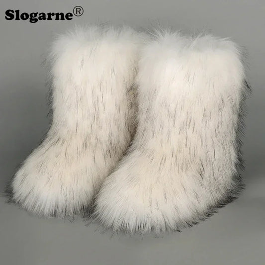 Winter Fur Imitation Raccoon Snow Boots – Fluffy Outdoor Boots for Women, Round Toe, Low Heel, Platform