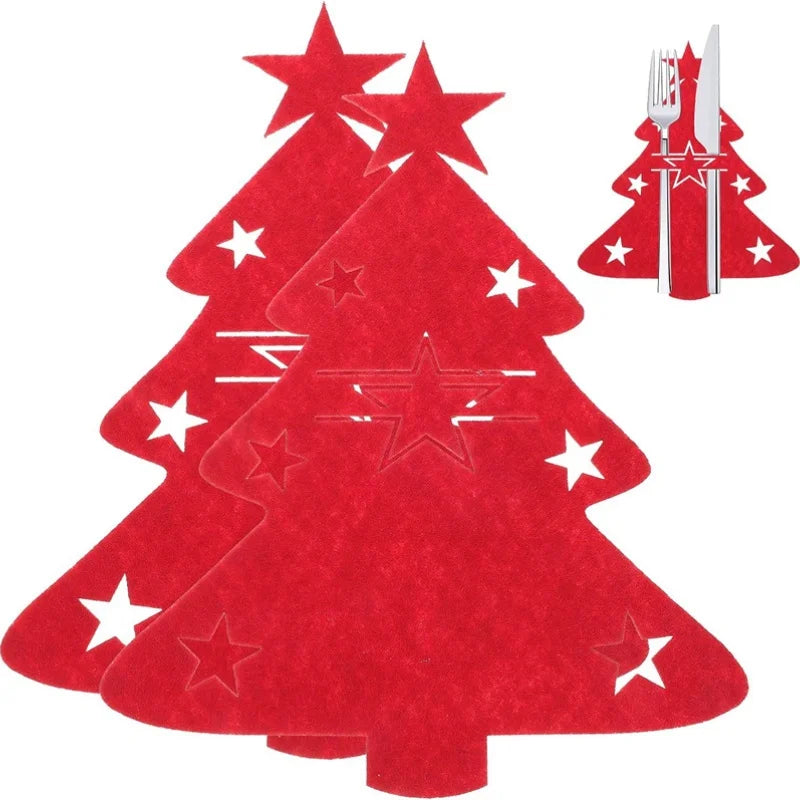 🎄 4PCS Christmas Cutlery Bag Set | Elk & Xmas Tree Knife and Fork Holders | Non-Woven Fabric Table Decor 🎉