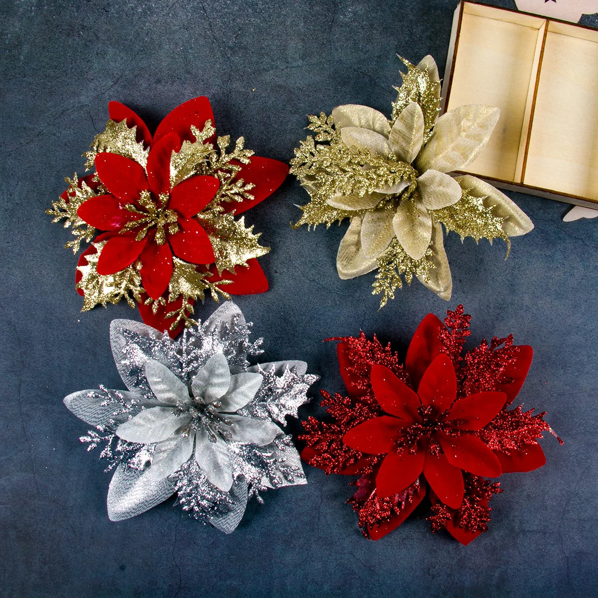 Glitter Artificial Christmas Flowers (5/10 pcs)