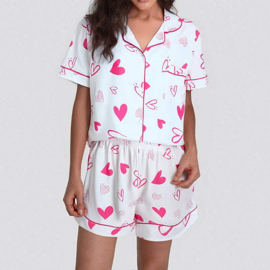 Valentine’s Day Silk Pajama Set ❤️ Cute Bow Print Short Sleeve Shirt & Shorts Sleepwear