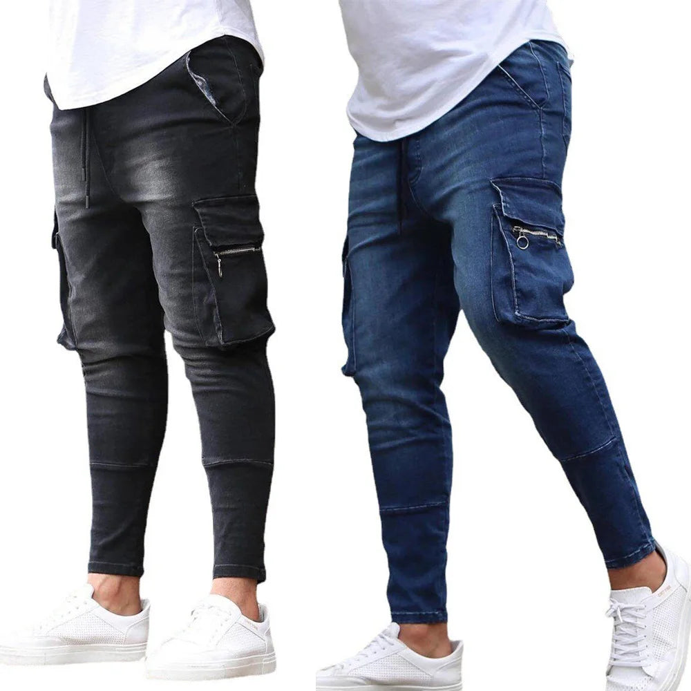 🔥 New Men’s Slim Fit Stretch Cargo Jeans | Multi-Pocket High Street Denim Pants for Casual and Workwear