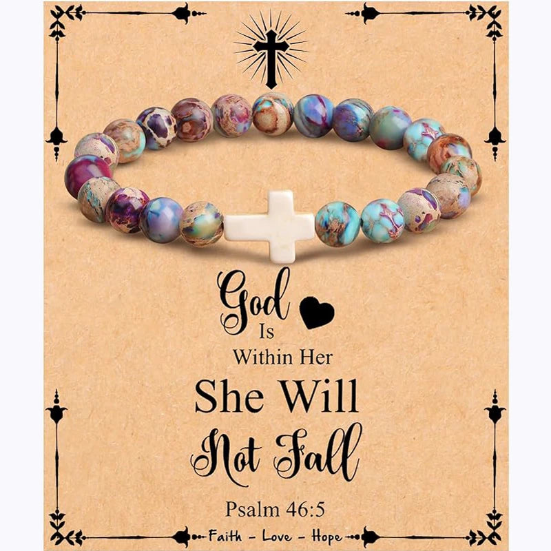 Christian Cross Bracelet for Women – Faithful Religious Easter Gift, Natural Stone Beaded Jewelry