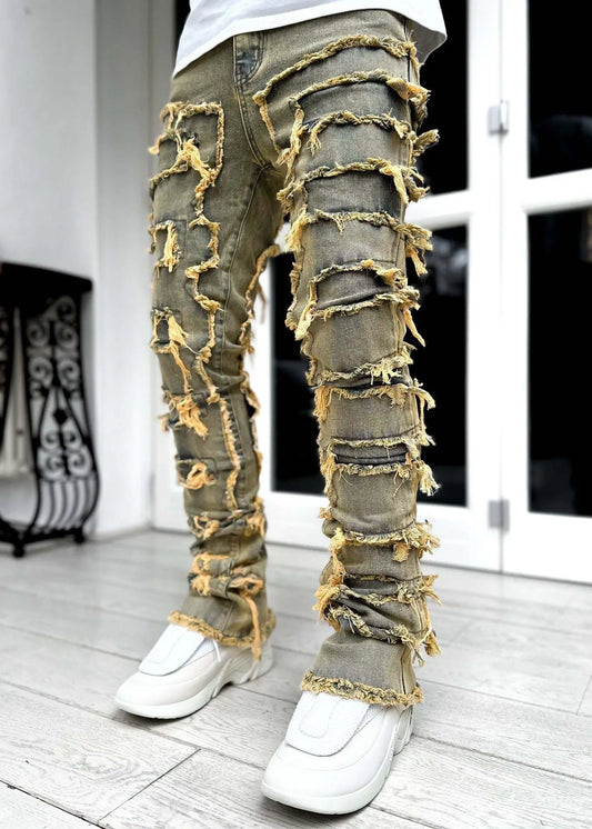 High Street White Men's Stacked Jeans | Hip-Hop Style Denim Pants Upgrade Your Wardrobe with Edgy Streetwear! Jeans for men