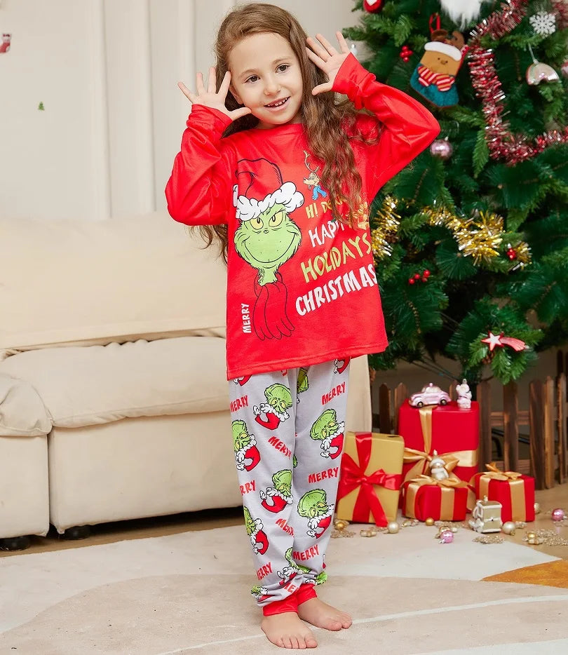 Christmas Family Matching Pajamas – Santa Cartoon Print PJs for All Ages (Including Baby & Dog!) 🎅🎄