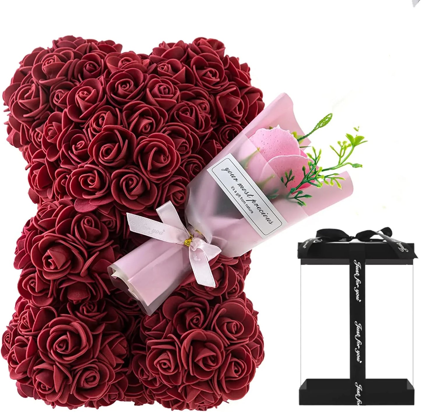 Valentine's Day Gift - 25cm Artificial Rose Bear with Box | Perfect Gift for Girlfriend, Women, Mother's Day, Birthday, Wedding Party