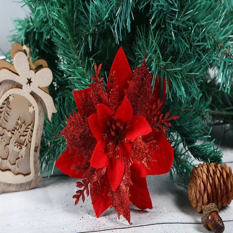 14cm Glitter Artificial Christmas Flowers Xmas Tree Ornaments Merry Christmas Decorations for Home New Year Gift