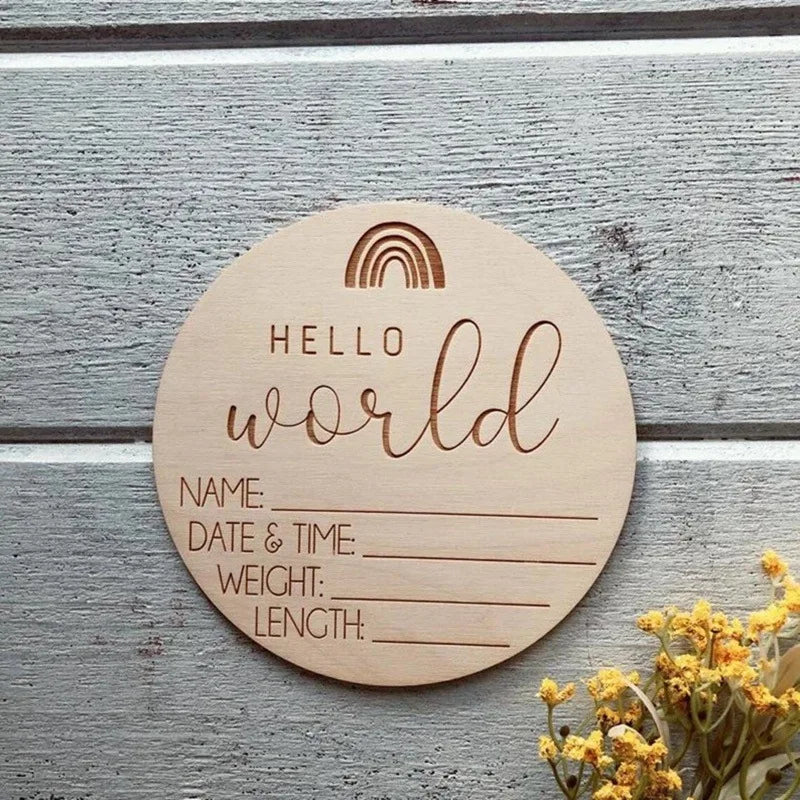 Baby Wooden Milestone Card | Engraved "Hello World" Newborn Photography Prop | Natural Wood Milestone Chips for Children