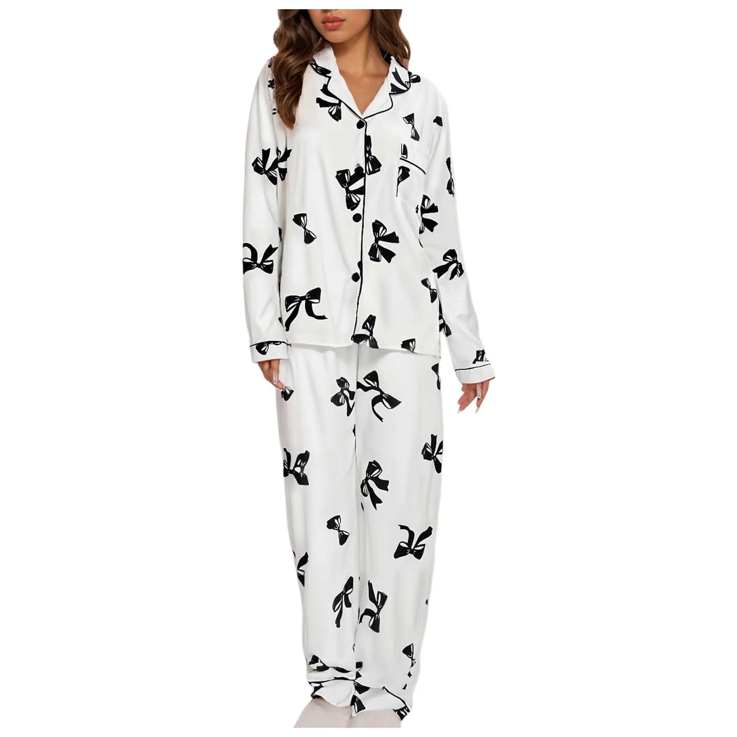 Cute Tie Bow Print Pajama Set for Women - Soft Long Sleeve Loungewear, Spring Sleepwear, Home Clothes