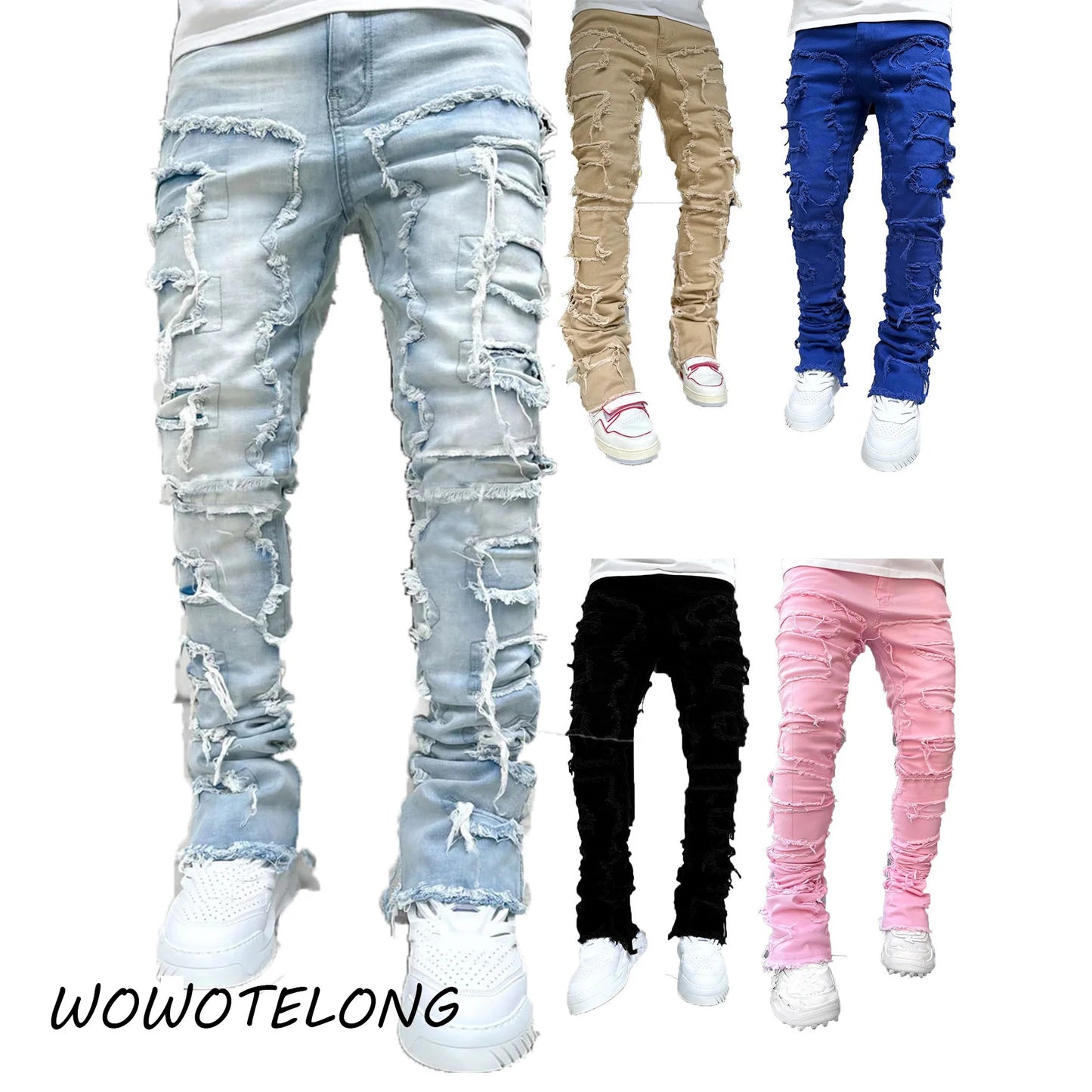 High Street White Men's Stacked Jeans | Hip-Hop Style Denim Pants Upgrade Your Wardrobe with Edgy Streetwear! Jeans for men