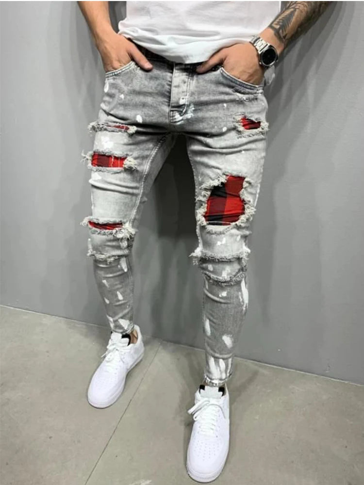 Men's Distressed Ripped Skinny Jeans 👖 | Plaid Patch Streetwear Biker Denim Pants | Y2K Style Joggers