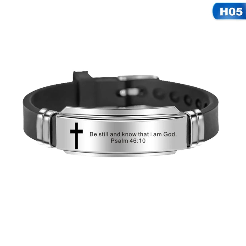 Men's Cross Bible Verse Bracelet – Faith Silicone Wristband w/ Stainless Steel ✨ Christian Gift for Him