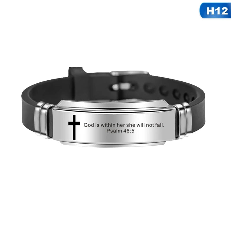 Men's Cross Bible Verse Bracelet – Faith Silicone Wristband w/ Stainless Steel ✨ Christian Gift for Him