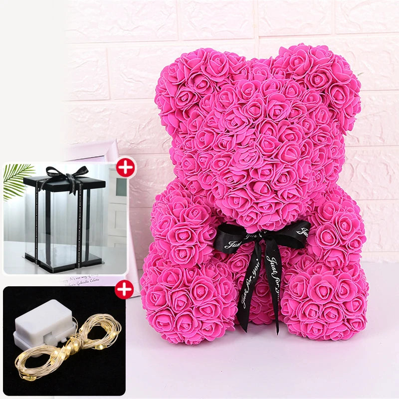 Valentine's Day Rose Bear with Gift Box and Lights – Eternal Love Teddy Bear for Women & Girlfriend