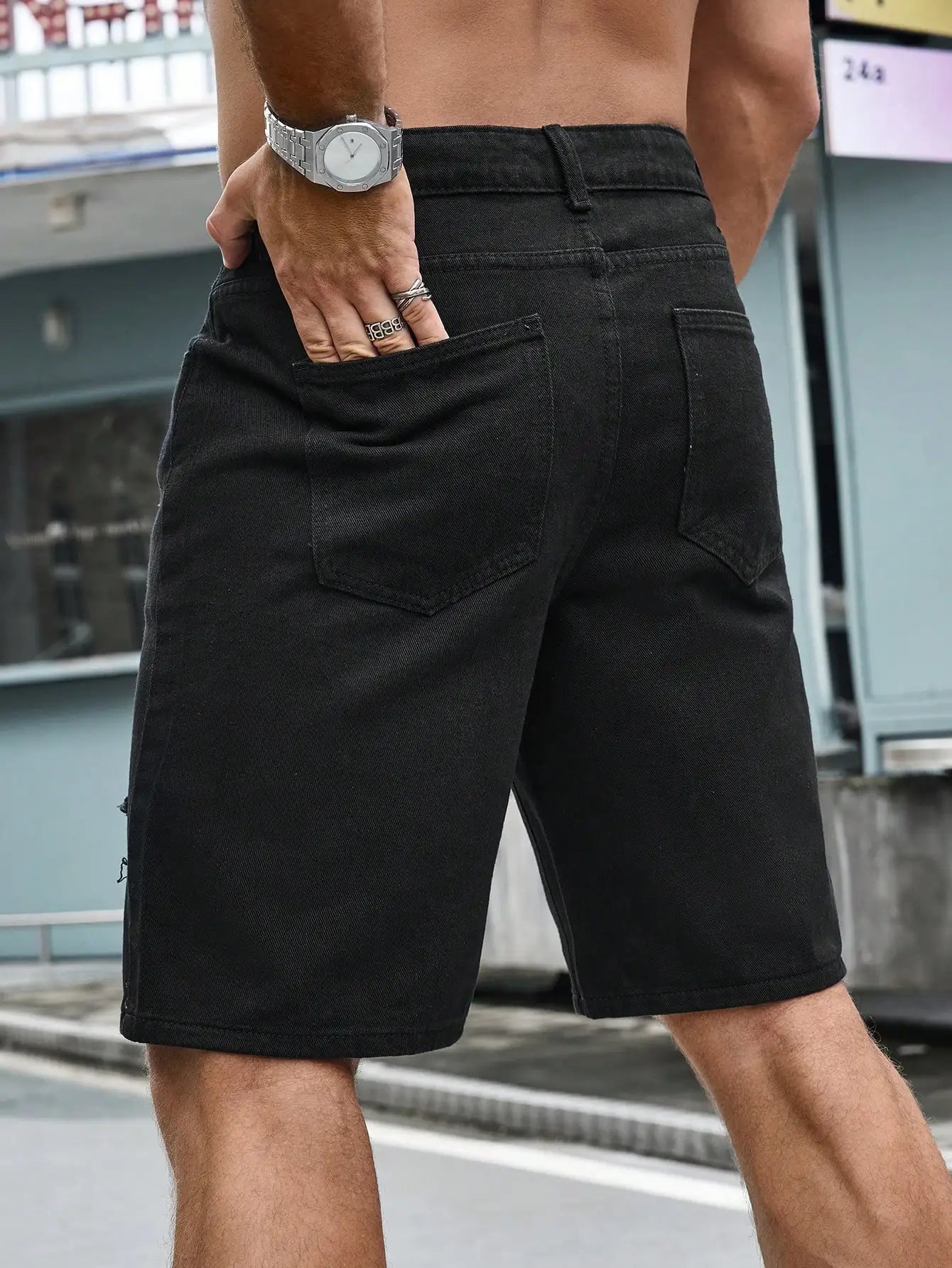 Men Summer Stretchy Denim Shorts Jeans For Men Streetwear Letter Ripped Knee length Baggy Comfort Cargo Casual Shorts Pants Jean