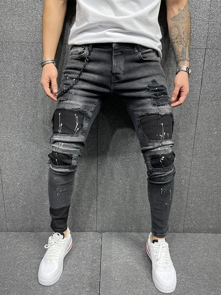 Men's Distressed Ripped Skinny Jeans 👖 | Plaid Patch Streetwear Biker Denim Pants | Y2K Style Joggers