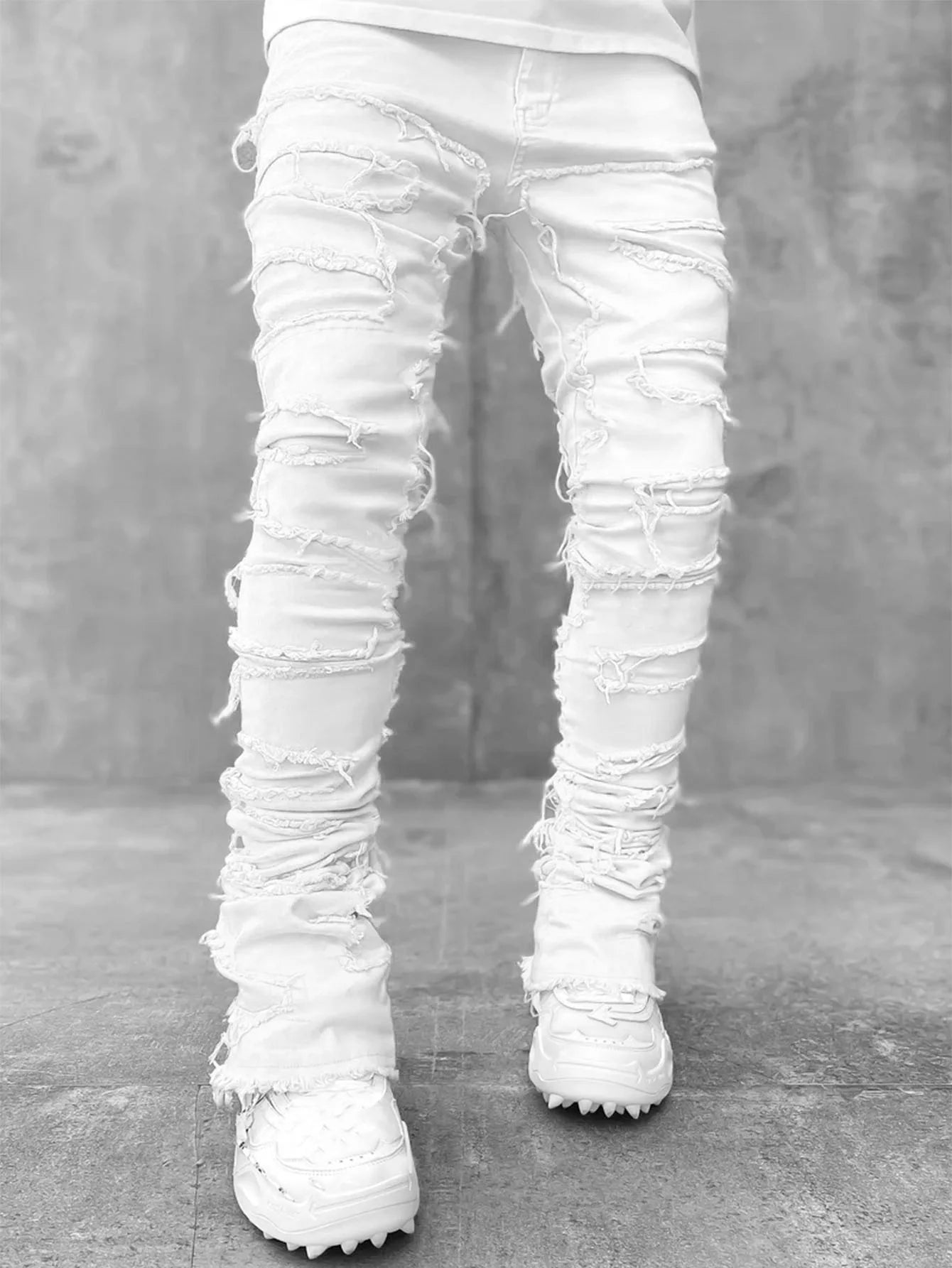 High Street White Men's Stacked Jeans | Hip-Hop Style Denim Pants Upgrade Your Wardrobe with Edgy Streetwear! Jeans for men