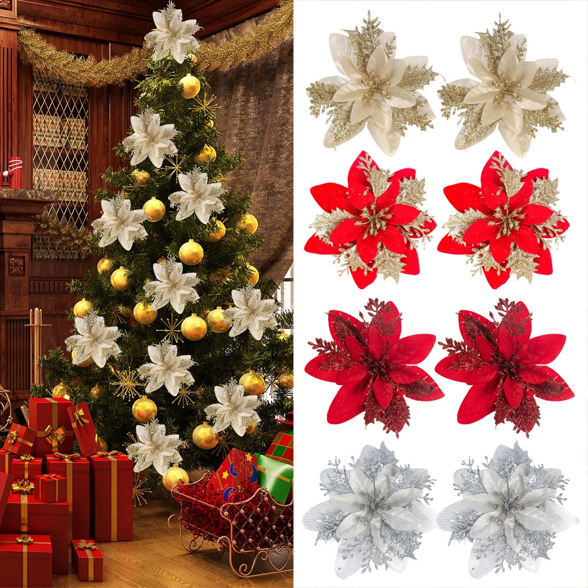 Glitter Artificial Christmas Flowers (5/10 pcs)