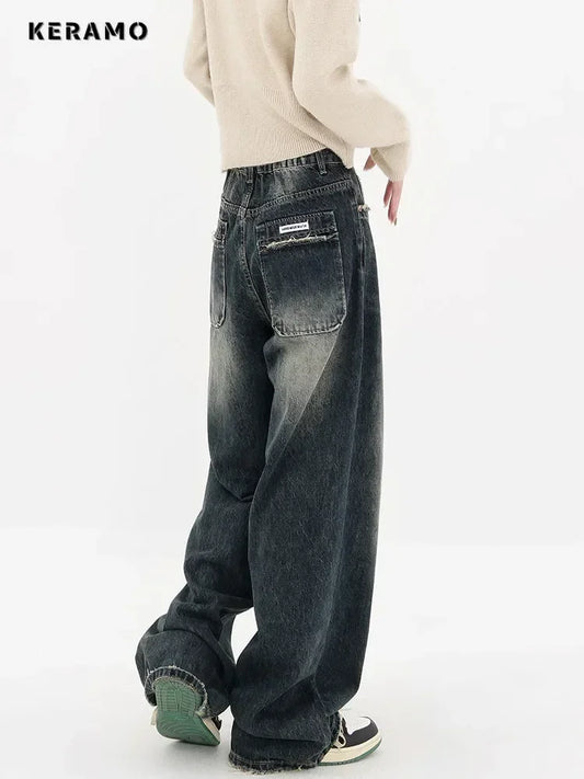 Streetwear Retro High Waist Loose Wide-Leg Jeans