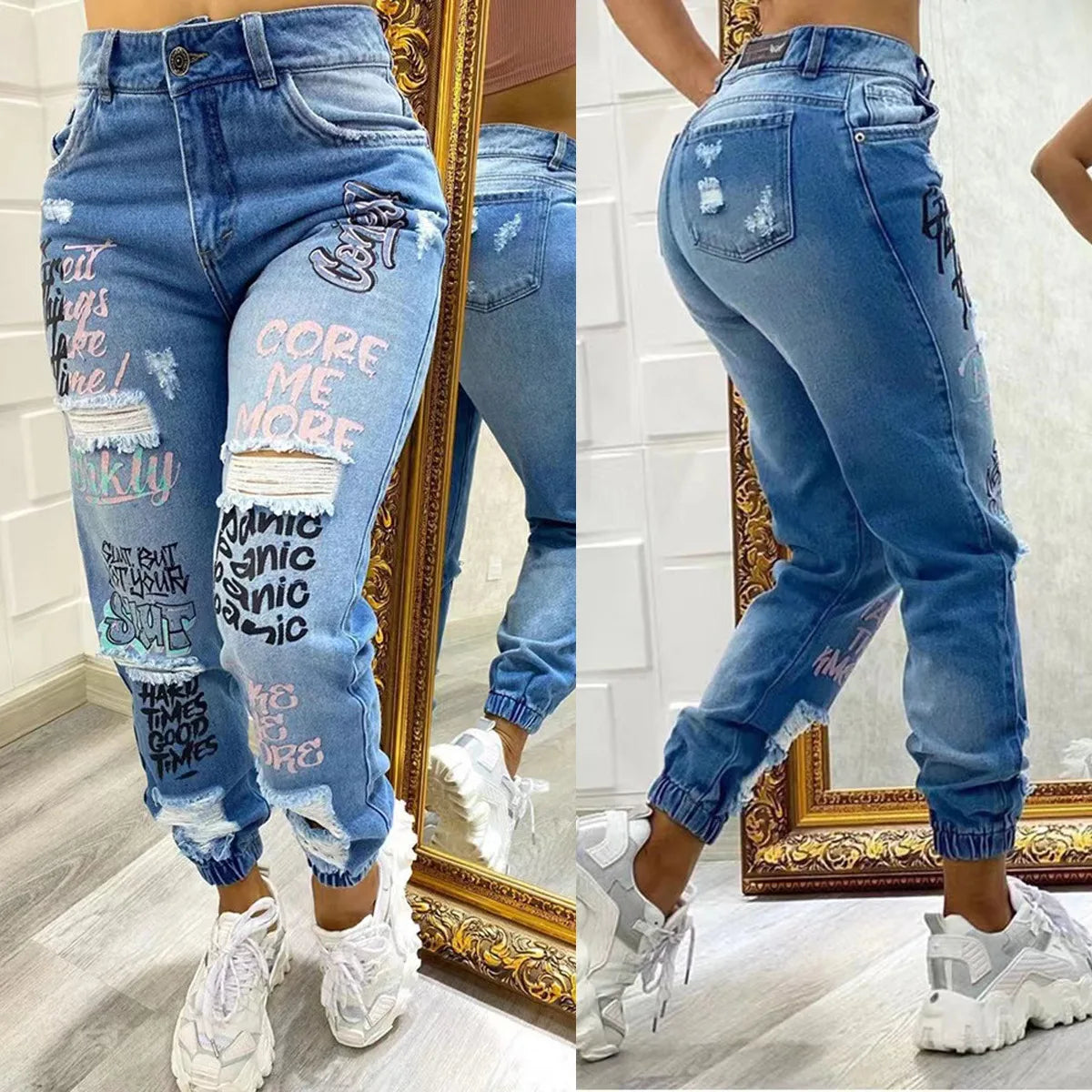 2024 New Women's Letter Print Ripped Jeans - Casual High Waist Straight Leg Slant Pocket Denim