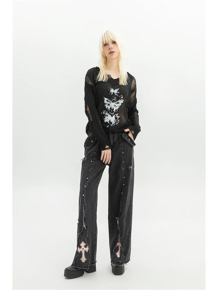 Women’s Black Gothic Oversized Jeans - Y2K Vintage Aesthetic Wide Leg Trousers