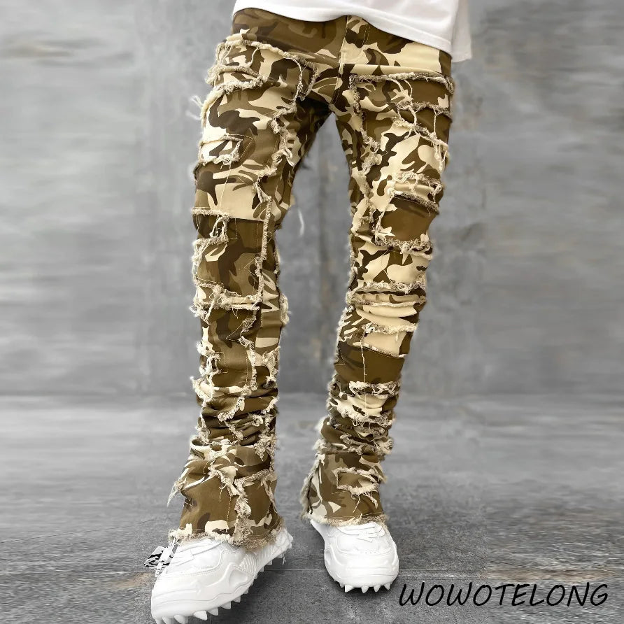 High Street White Men's Stacked Jeans | Hip-Hop Style Denim Pants Upgrade Your Wardrobe with Edgy Streetwear! Jeans for men