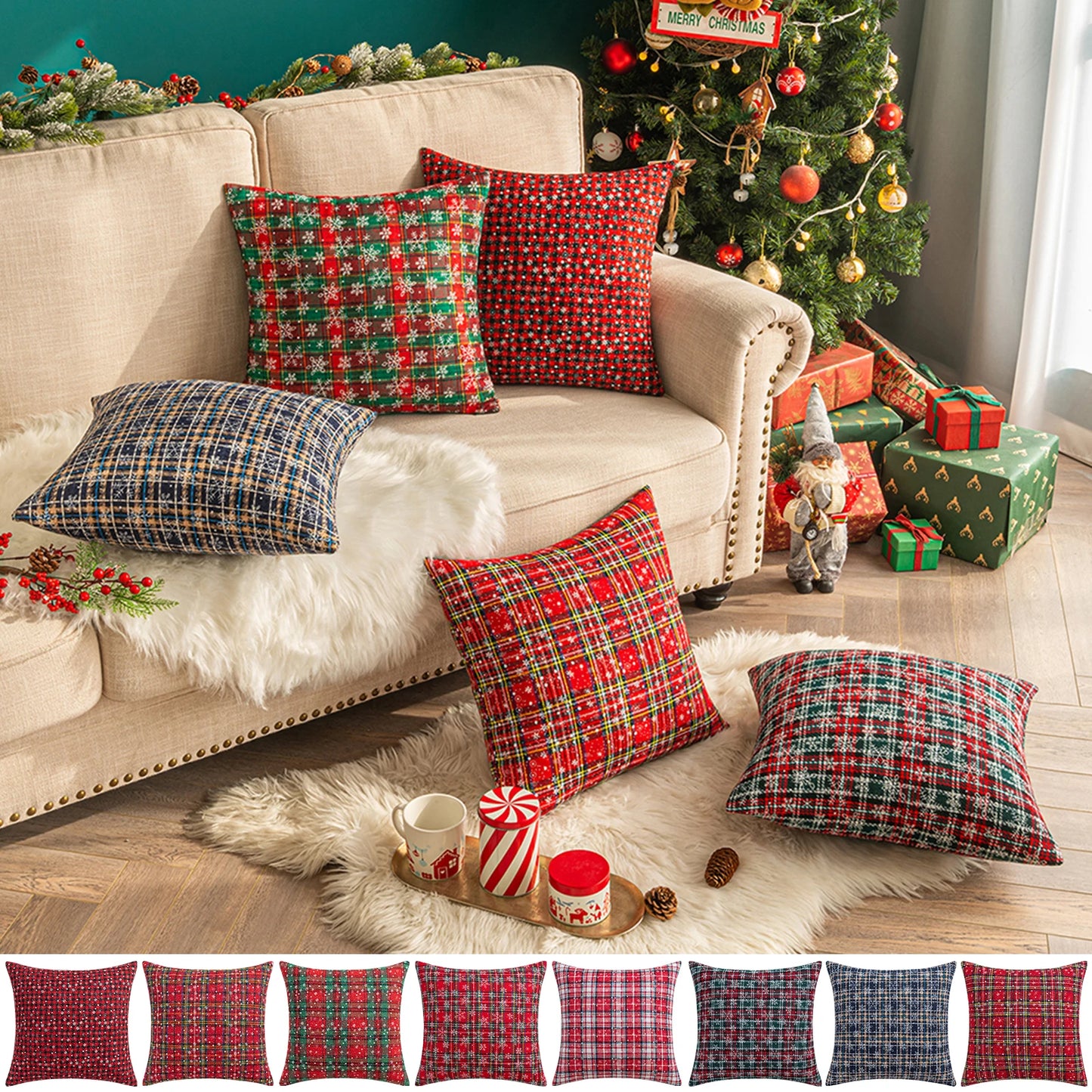 45x45cm Christmas Pillow Cases | Scottish Tartan Plaid Cushion Covers | Snowflake Throw Pillow for Home & Party Decor