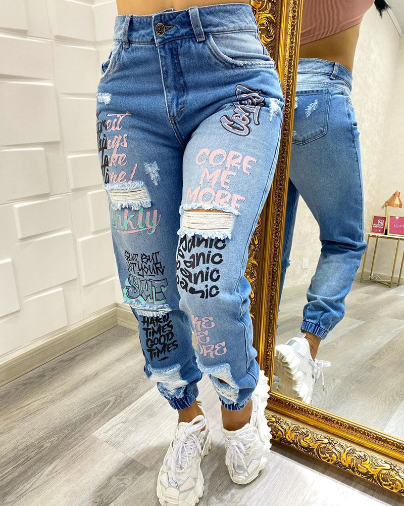 2024 New Women's Letter Print Ripped Jeans - Casual High Waist Straight Leg Slant Pocket Denim