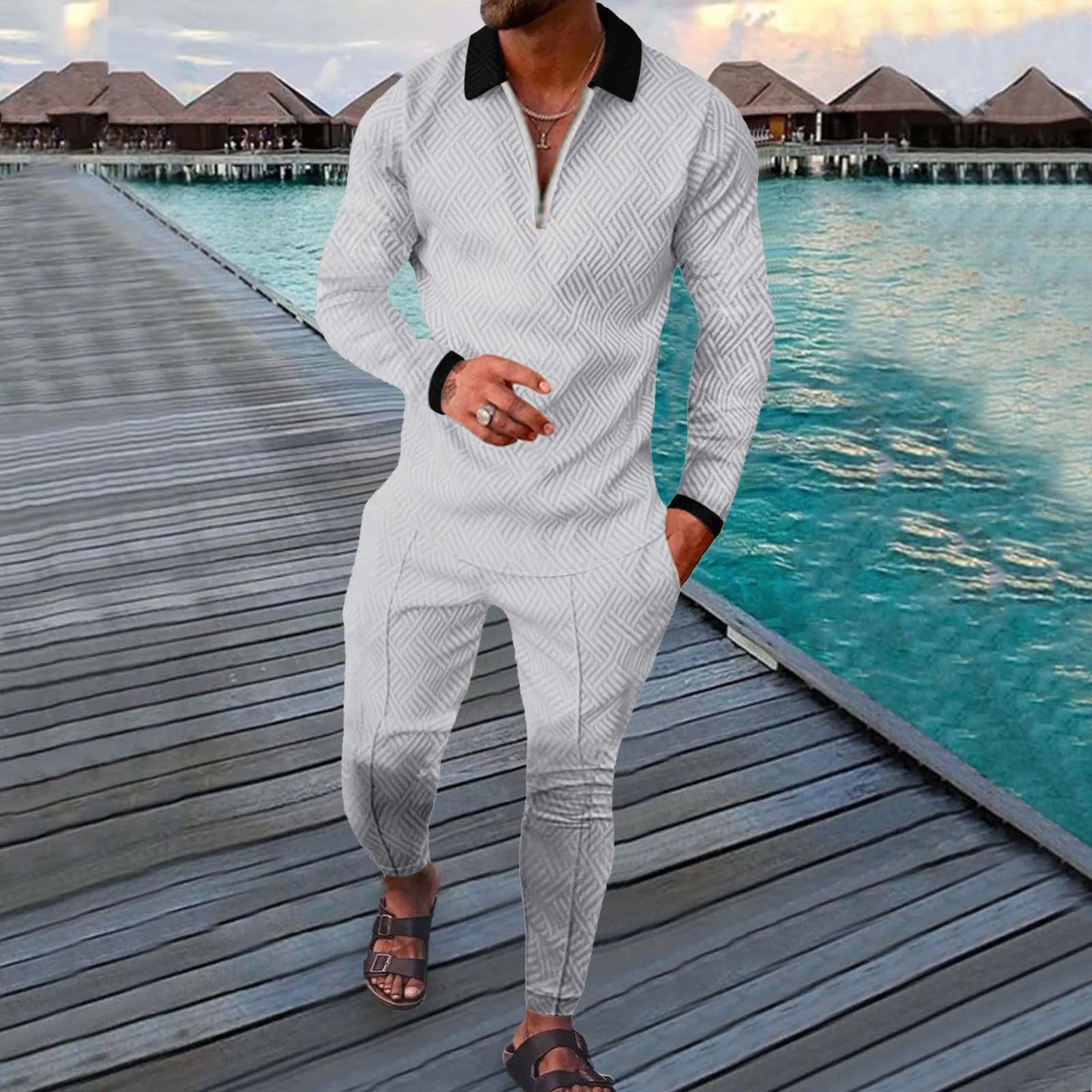 Men's Casual Striped Print Two Piece Suit: Zipper Collar Long Sleeve Blouse and Solid Color Pocket Trousers Set