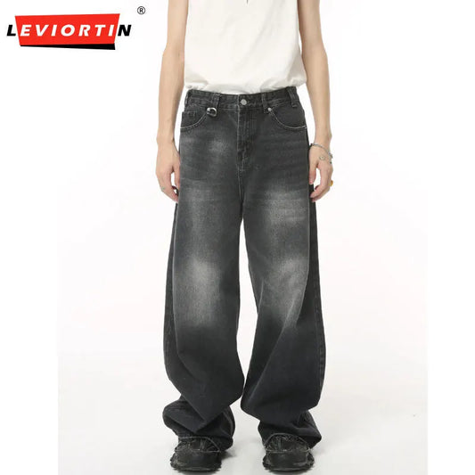 Retro Men's Y2K Wide Leg Loose Denim Pants - High Street Fashion Ripped Straight Leg Jeans - Hip Hop Style