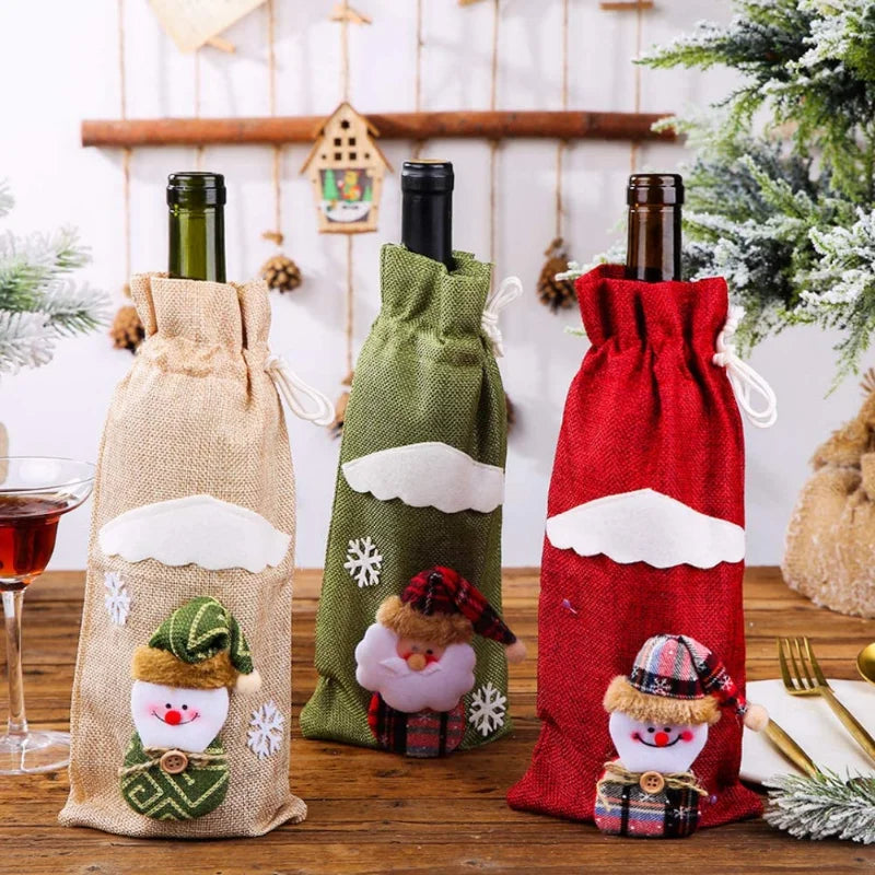 Creative Christmas Wine Bottle Set | Golden Velvet Dress Covers | Santa & Snowman Table Decor for Holiday Celebrations