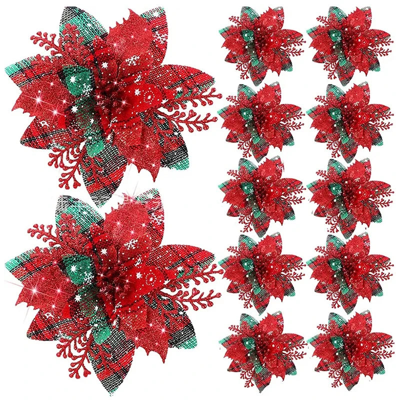 5/10Pcs Glitter Pink Christmas Flowers | 14cm Artificial Ornaments for 2024 Holiday Home Decor & New Year