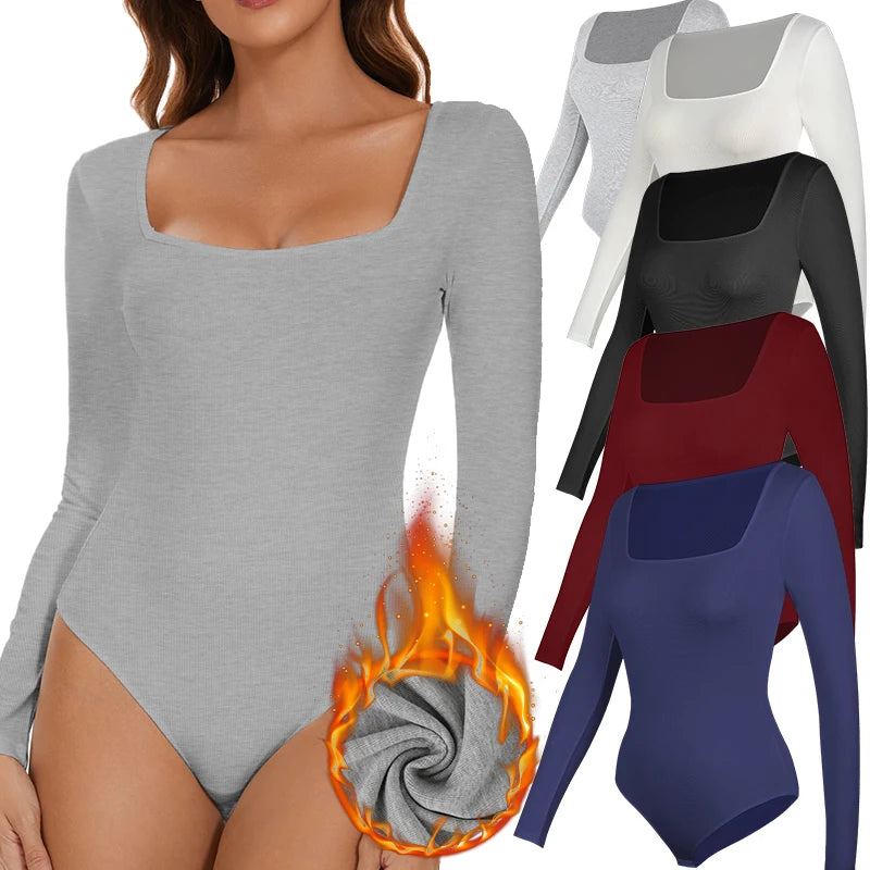 Sexy Thermal Bodysuit for Women – Low Cut Square Neck, Cotton Fleece Lined, Tummy Control, Winter Heating Shirt | Black, White, Red, Navy, Gray