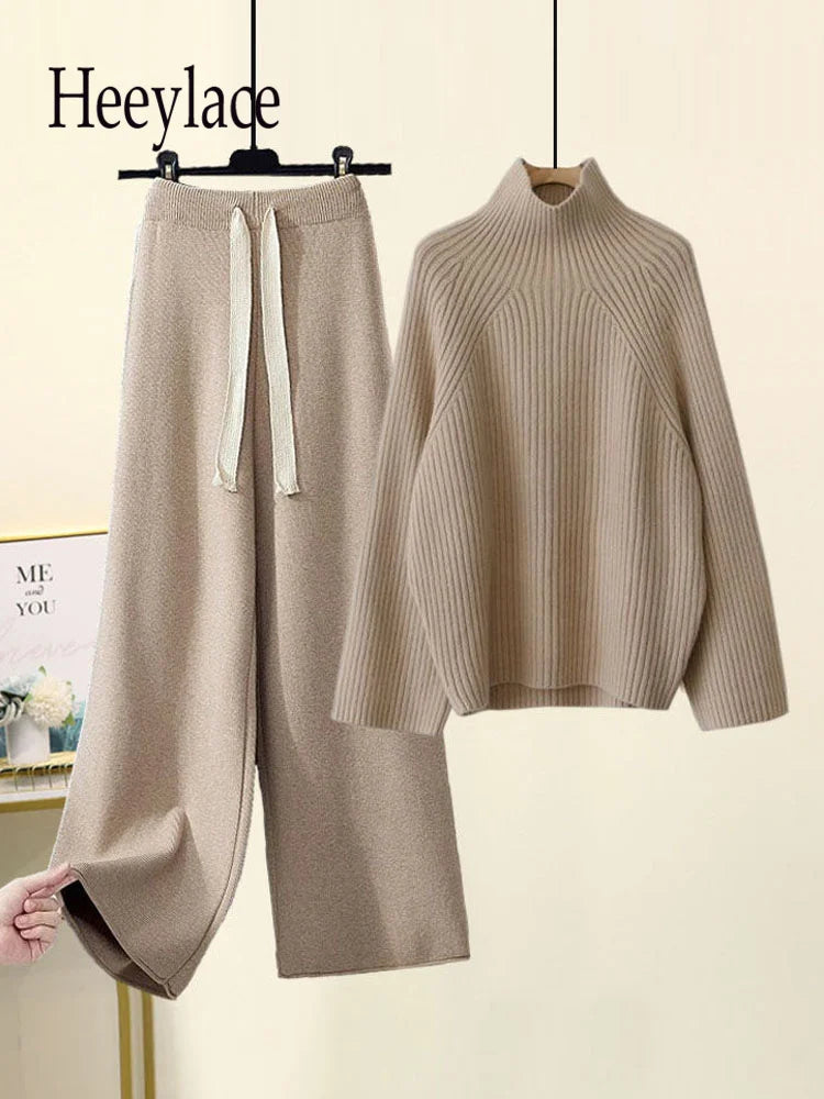 💎 Cozy Winter Knitwear Set for Women | Turtleneck Sweater + High-Waist Wide-Leg Pants 💎