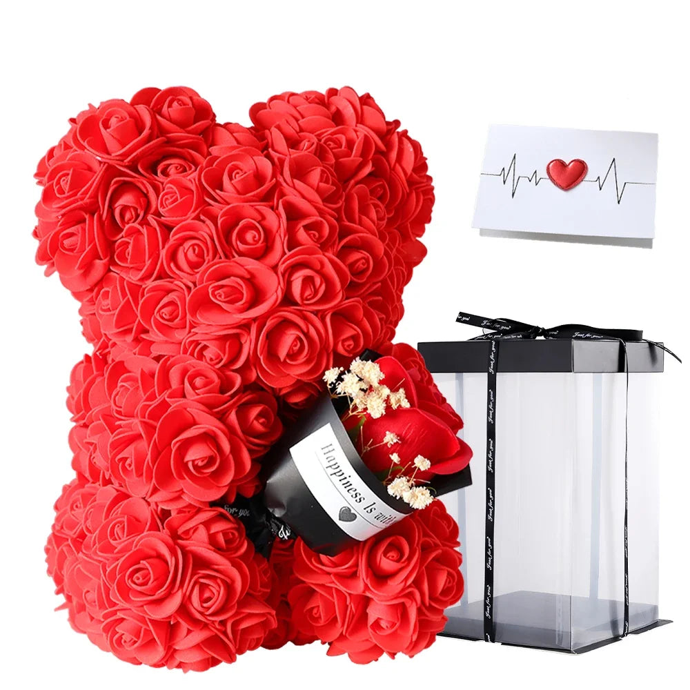 Valentine's Day Gift - 25cm Artificial Rose Bear with Box | Perfect Gift for Girlfriend, Women, Mother's Day, Birthday, Wedding Party