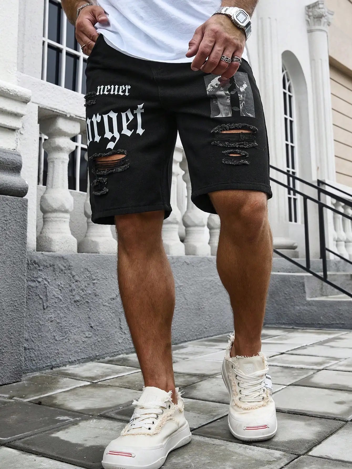 Men Summer Stretchy Denim Shorts Jeans For Men Streetwear Letter Ripped Knee length Baggy Comfort Cargo Casual Shorts Pants Jean