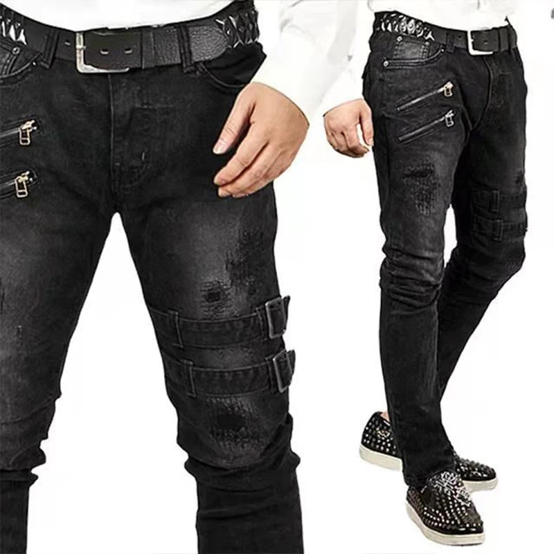 Men's Street Skinny Ripped Jeans Y2K Denim Cargo Pants Mid Waist Joggers Hip Hop Slim Fit Trousers