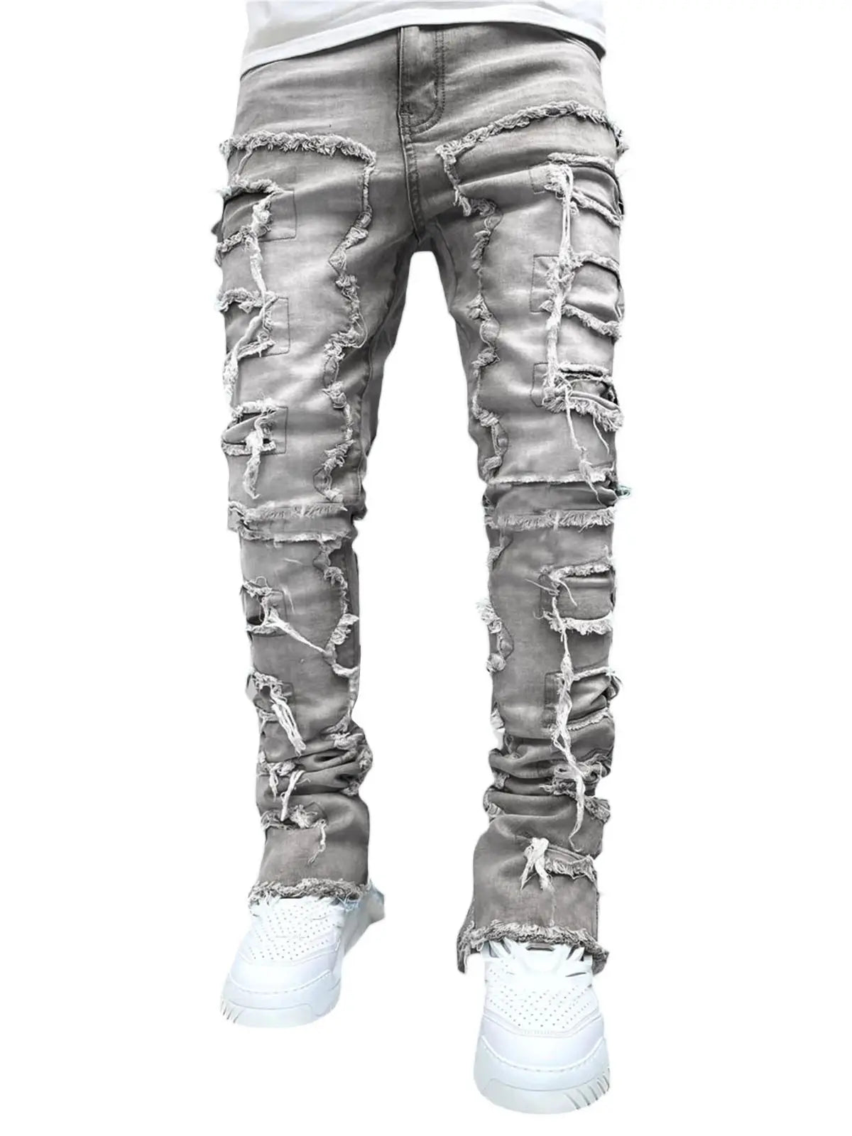 Men's Regular Fit Ripped Stacked Jeans | Slim Fit Patch Distressed Denim Pants | Hip Hop Streetwear Trousers