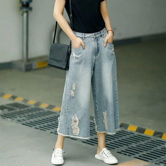 Women's Ripped Capri Jeans - High Waist Baggy Wide Leg Denim Pants - Casual Summer Loose Fit Korean Style